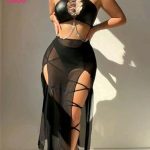 طقم لانجري جلد أسود - كود 2006