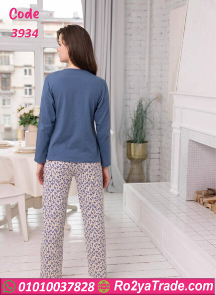 بيجامه قطن كم طويل زراير ع الصدر- كود 3934