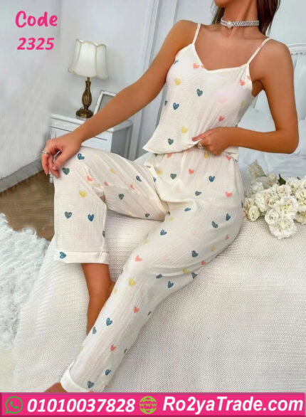 بيجامة نسائي حماله بنقش قلوب رقيقه - كود 2325