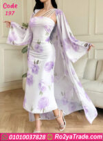 طقم روب وفستان طويل طباعه ورد بنفسجي