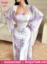 طقم روب وفستان طويل طباعه ورد بنفسجي