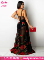 فستان ورد أسود شيفون مطرز