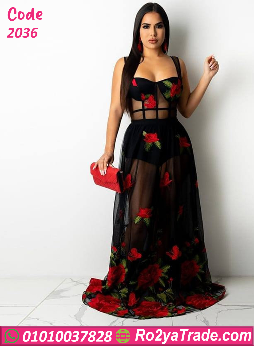 2036 فستان ورد أسود شيفون مطرز