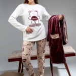 بيجامة شتوي قطيفة 3 قطع بالروب