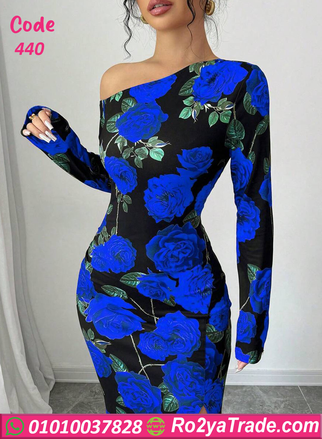 دريس صيفي طويل بالورود الزرقاء