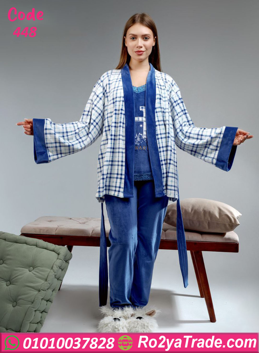 448-3 بيجامة شتوي بالروب قطيفة أزرق
