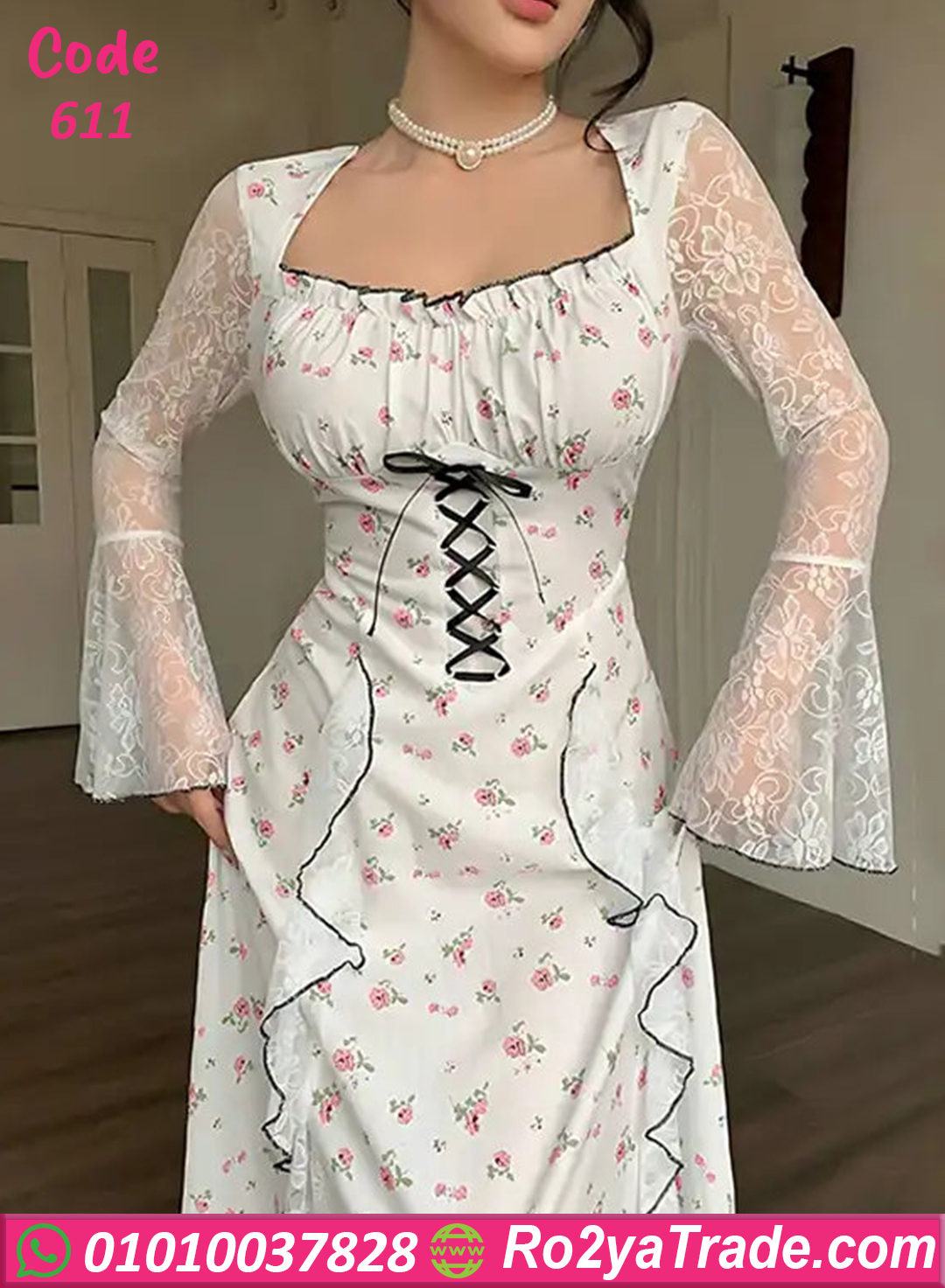 فستان دانتيل أبيض وردي