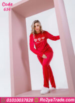 بيجامة قطيفة شتوي حريمي حمراء