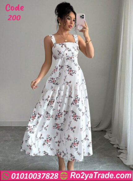 فستان أبيض مشجر صيفي طويل