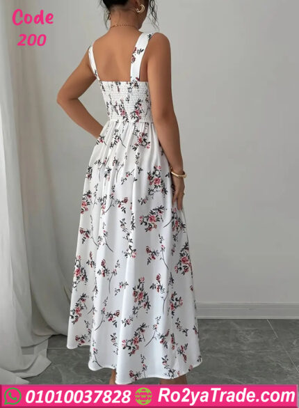 فستان أبيض مشجر صيفي طويل