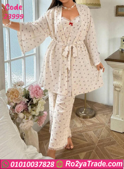 طقم روب لارا أبيض منقط بالدانتيل