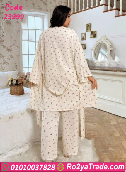 طقم روب لارا أبيض منقط بالدانتيل