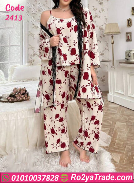 طقم بيت شتوي من لارا بخامة دافية وورود حمراء