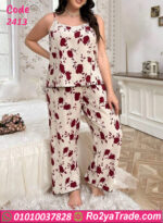 طقم بيت شتوي من لارا بخامة دافية وورود حمراء