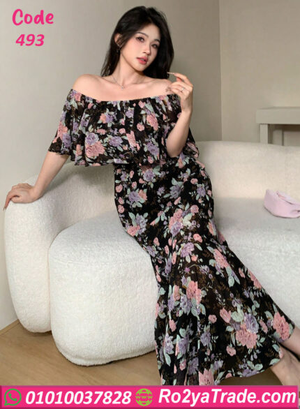 دريس ورد شيفون طويل