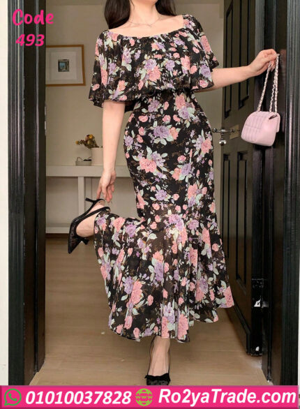 دريس ورد شيفون طويل