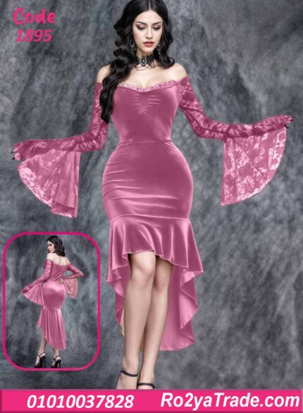 فستان شتوي طويل مخمل دانتيل