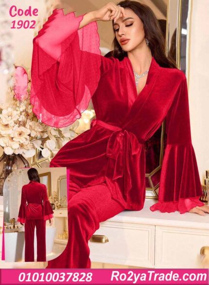 بيجامة شتوي مخمل حريمي قطعتين