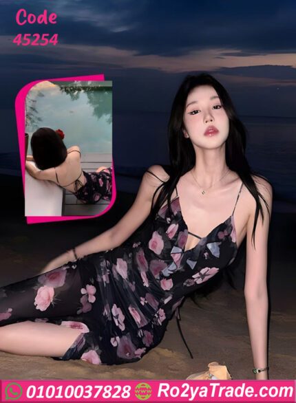 لانجري طويل شيفون أسود ورد