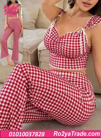 بيجامة صيفي كاروه قطعتين حريمي