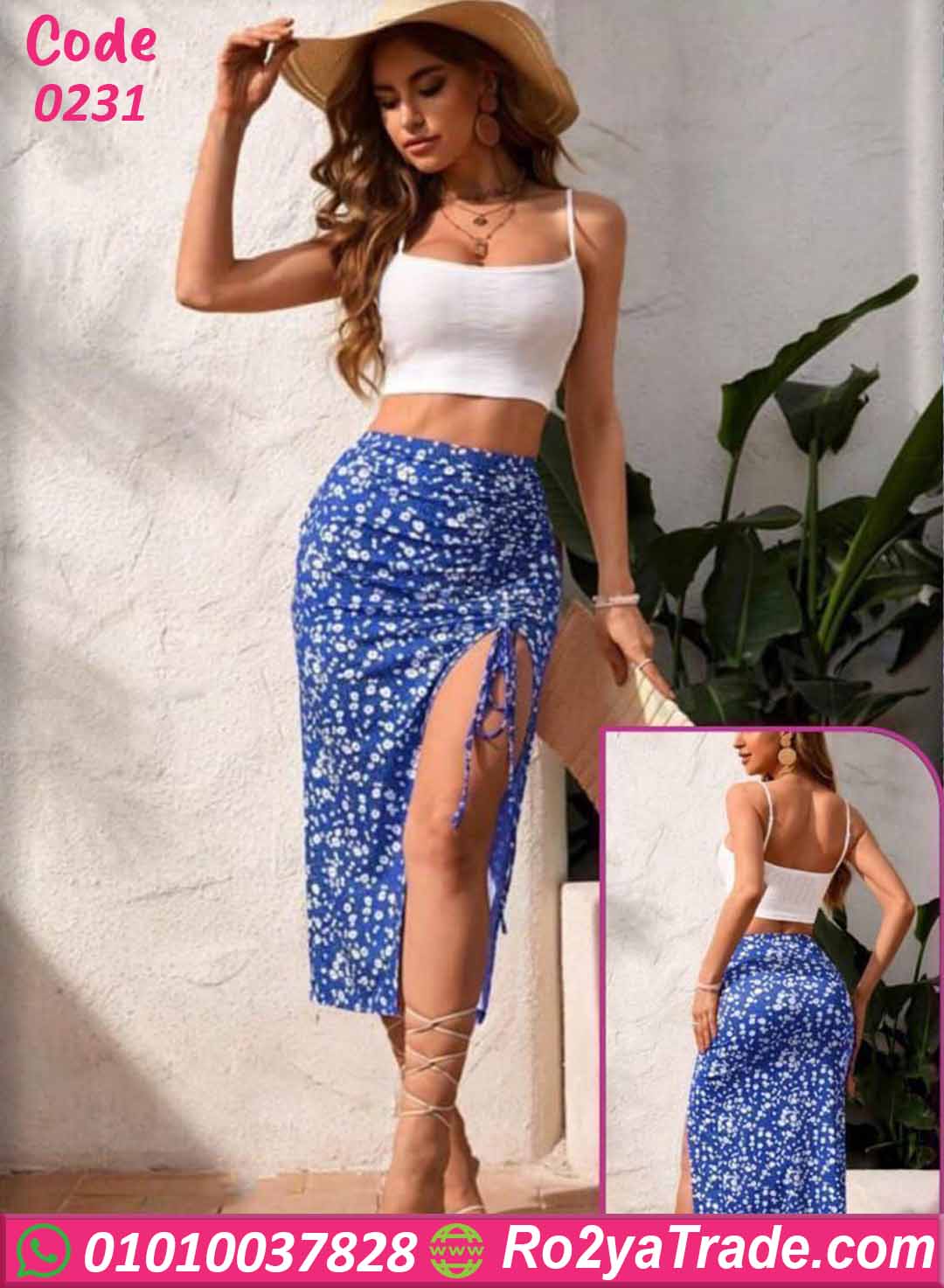 0231 طقم ميني جيب صيفي بنقشة ورد مع توب قصير