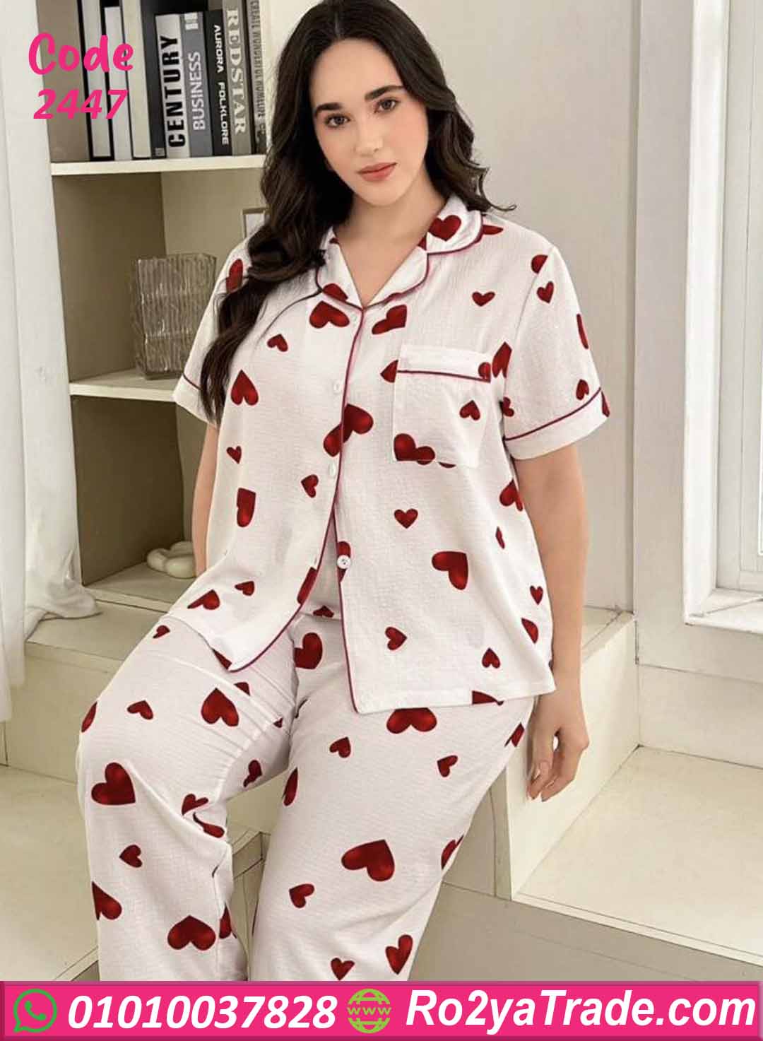 2447-5 بيجامة حريمي صيفي بيج سايز قلوب