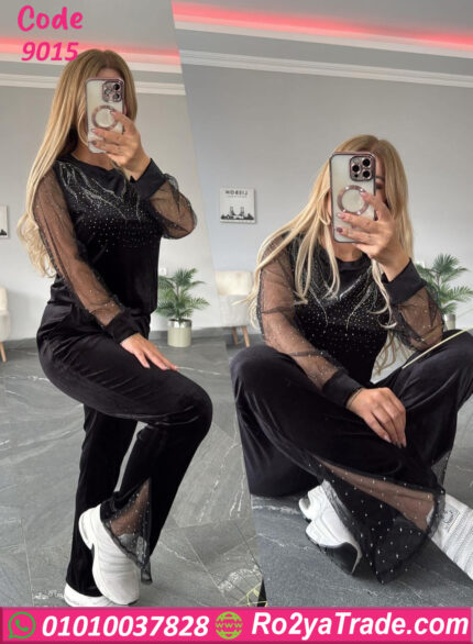 بيجامة حريمي قطيفة شتوي ستراس - كود 9015