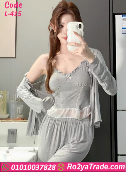 بيجامة حريمي دانتيل رمادي L-415